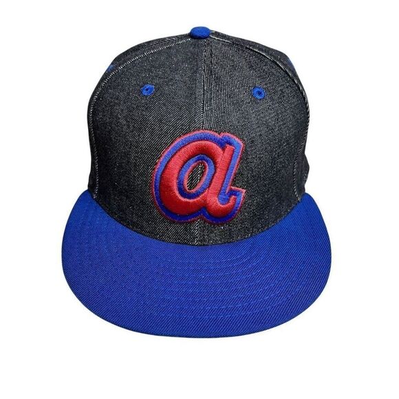 New Era 59FIFTY Atlanta Braves Fitted Hat Size 8 MLB Black Denim - Picture 1 of 5